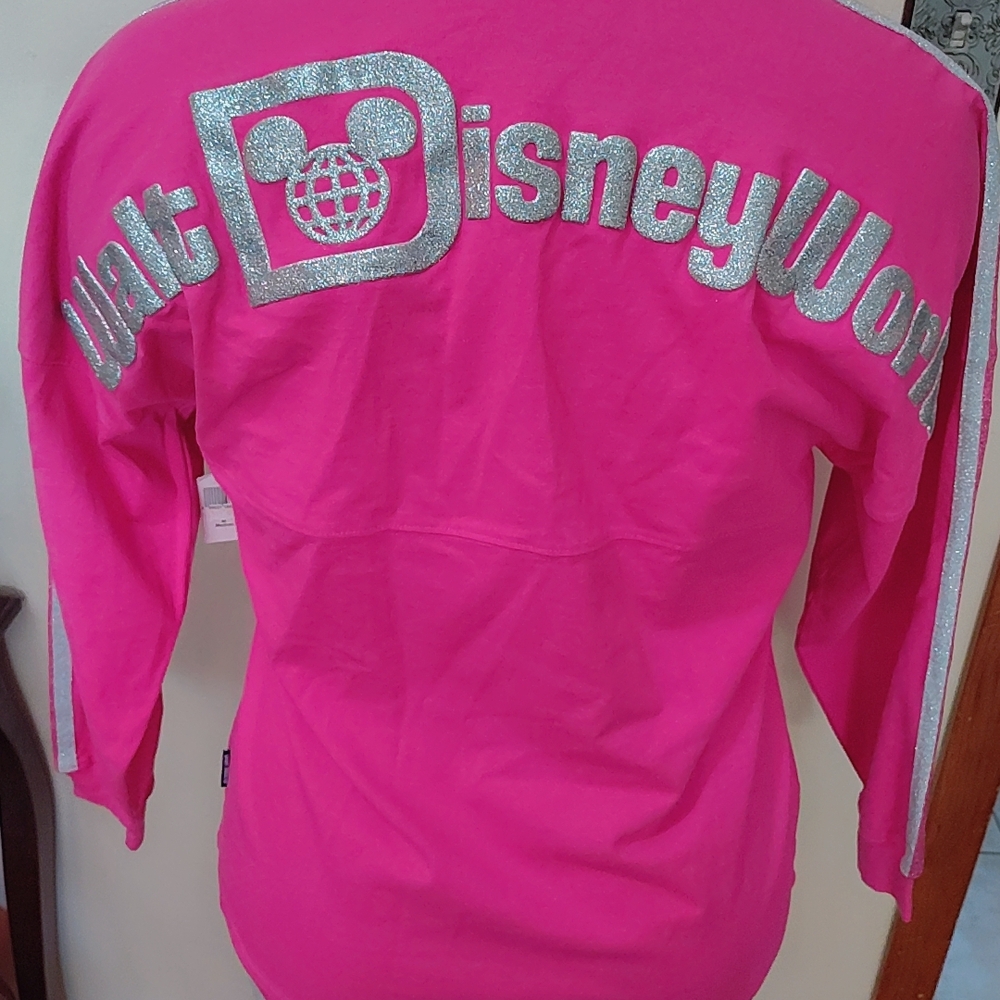 🏰Authentic Disney Bright Pink Long Sleeve Tee Spirit Jersey W/Glittery Logo 🏰 - Picture 6 of 8